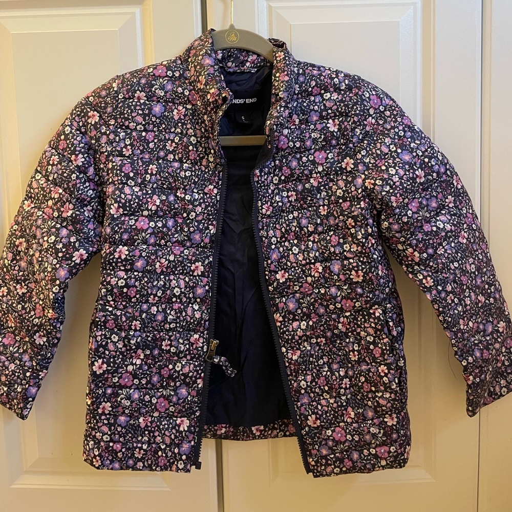 Lands' End Kids Floral Puffer Jacket - Purple and Pink